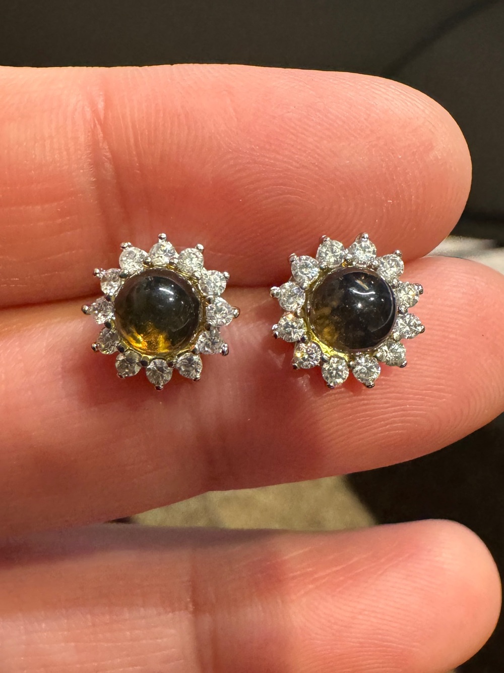 Amber 925 Sterling silver Cabochon Sunburst Stud Earrings